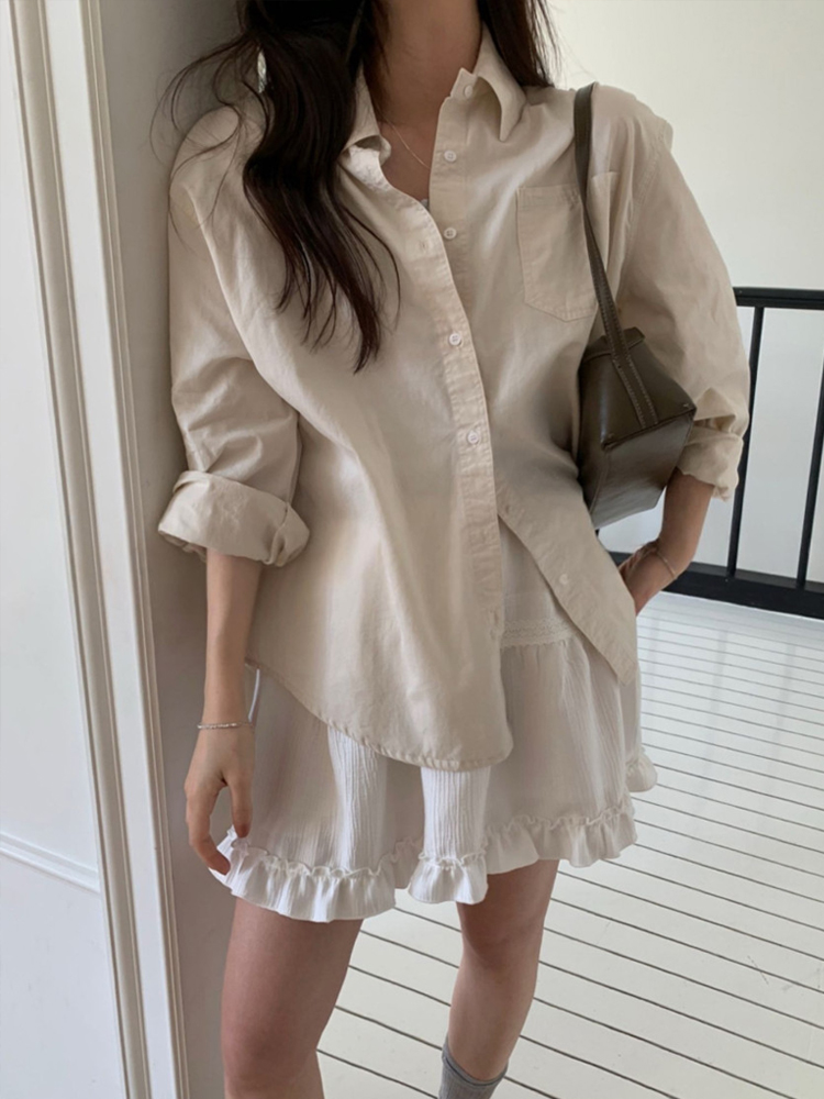 바스락 워싱 코튼 카라 레이어드 루즈핏 포켓 여성 셔츠 봄 코튼셔츠 여자남방 핑크 이미지 6