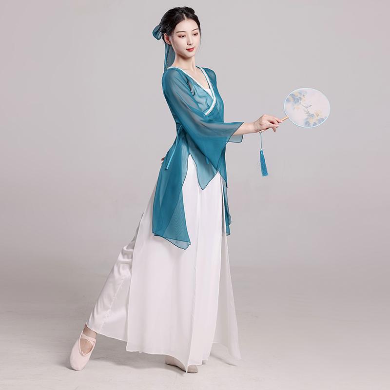 무용복 상의 긴팔 무대 의상 시스루 한국무용 연습용 피콕그린 드레스+헤어밴드 S - 상세 이미지 3