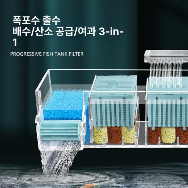 프리미엄 수족관 걸이식 필터 어항 무소음 2세대 소형 건습분리 저수위용 3단 박스+수중 펌프 재료 3 4 5단 생화학 면직물 - 상세 이미지 4