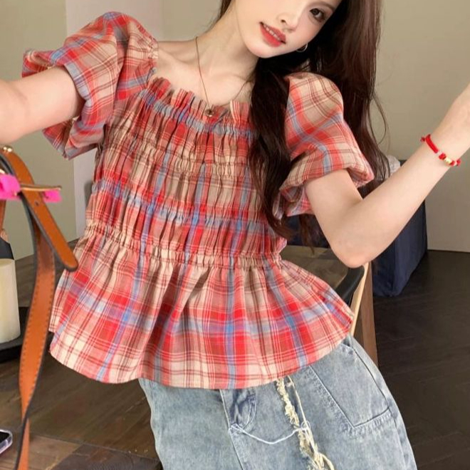 빅사이즈 어깨트임 블라우스 반팔 오픈숄더 코디 여름 스퀘어넥 시크한 퍼프 체크 룩 오프숄더 - 상품 이미지