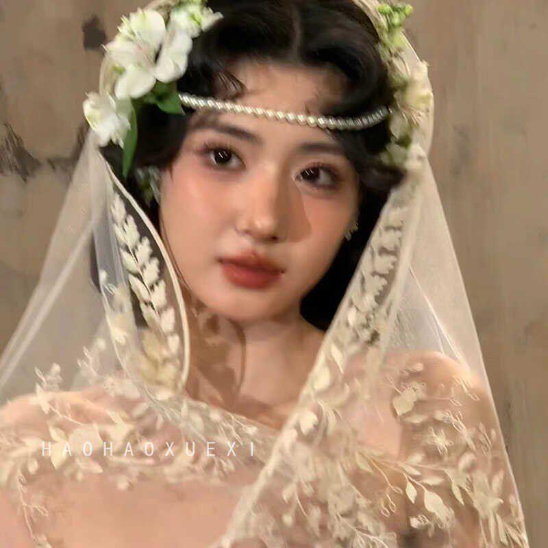 빈티지 웨딩 베일 면사포 화관 진주 체인 촬영 소품 셀프웨딩용 - 상세 이미지 2