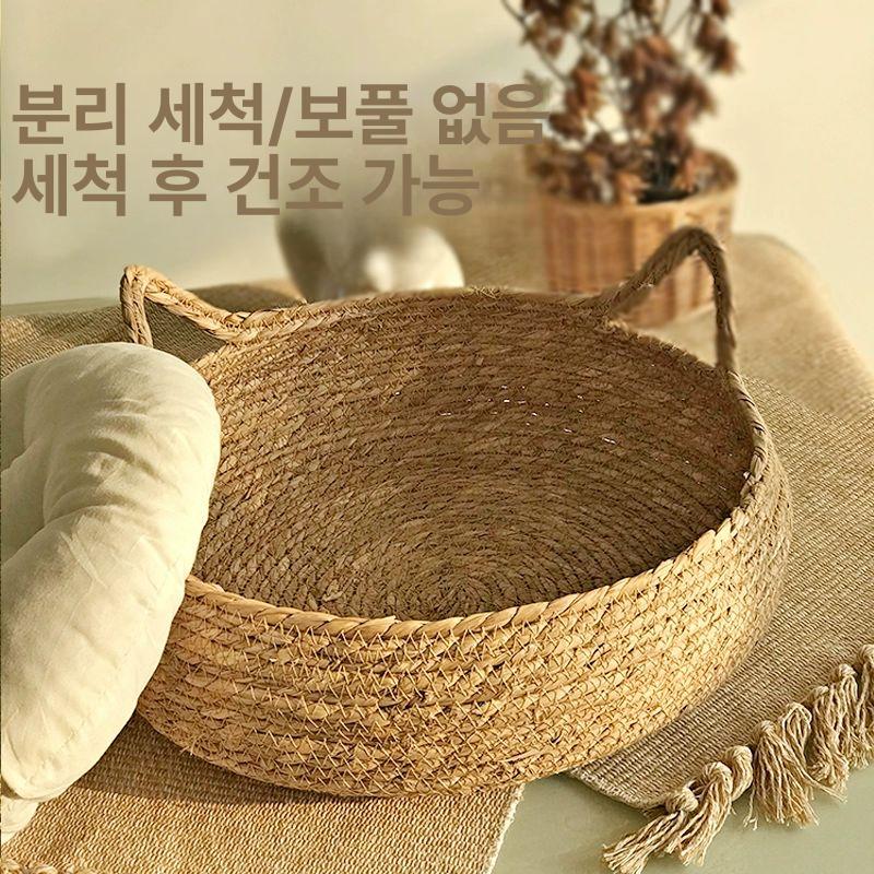 고양이 라탄 바구니 반려묘 숨숨집S 하우스 스크래쳐 블루 쿠션+베개 S - 상세 이미지 5