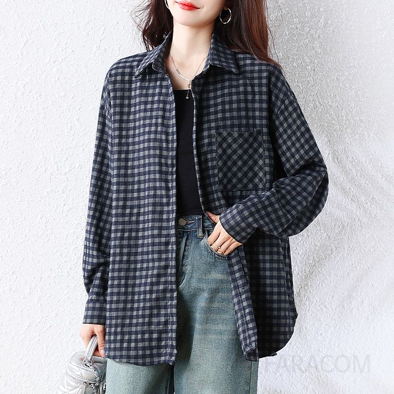 여성 데일리 캐주얼 루즈핏 면혼방 체크 포켓 버튼 빅사이즈 셔츠 남방 아우터형 상의 - 상세 이미지 3