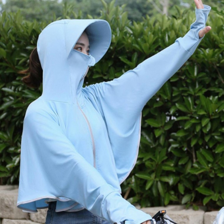 여성 크롭 후드 집업 바람막이 점퍼 블루 냉감 자외선차단 데일리 - 상품 이미지