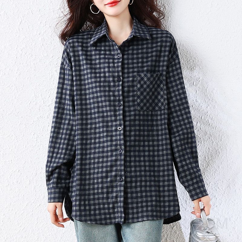 여성 데일리 캐주얼 루즈핏 면혼방 체크 포켓 버튼 빅사이즈 셔츠 남방 아우터형 상의 - 상세 이미지 2