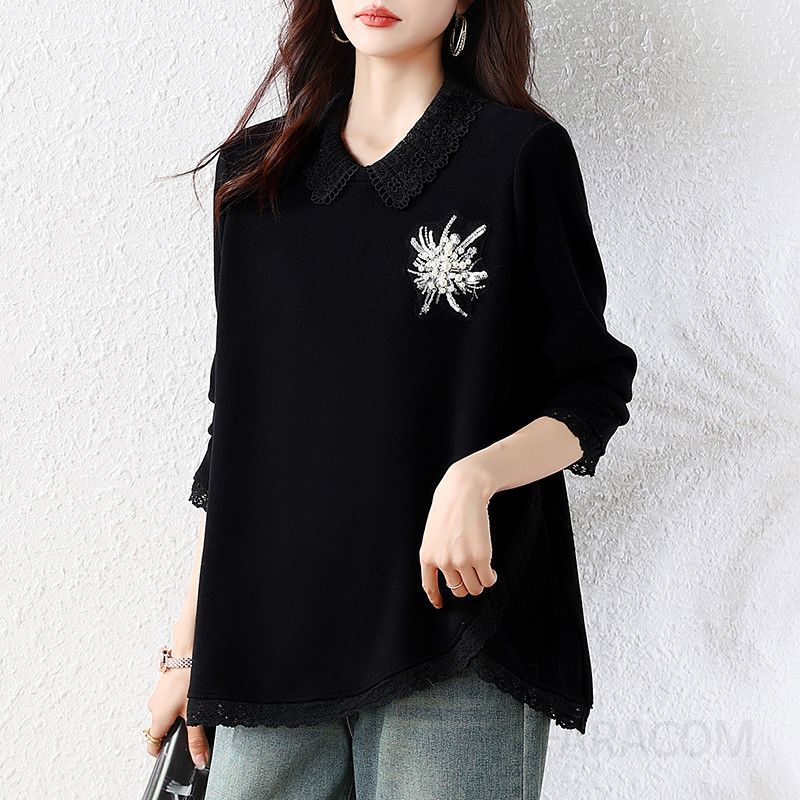 여성 빅사이즈 루즈핏 자수 레이스 배색 긴팔 블라우스 셔츠 티셔츠 중년 여성 미시룩 우아한 하객룩 데일리 상의 - 상세 이미지 3