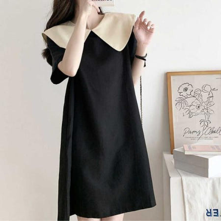 러블리원피스사이트 여자 상견례 룩 검정 반팔 원피스 단정한 소개팅 코디