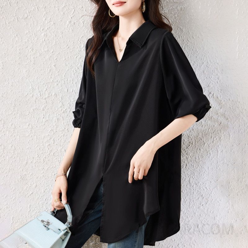 여성 캐주얼 루즈핏 폴리 브이넥 퍼프소매 언발 트임 롱 셔츠 블라우스 빅사이즈 오피스룩 데일리 체형커버 가오리핏 하객룩 - 상품 이미지