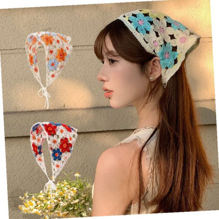 손뜨개 꽃무늬 삼각 머리수건 여름 휴가 야외 나들이 헤어 액세서리 코티지 감성