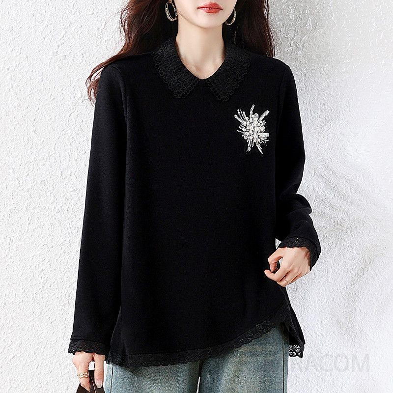 여성 빅사이즈 루즈핏 자수 레이스 배색 긴팔 블라우스 셔츠 티셔츠 중년 여성 미시룩 우아한 하객룩 데일리 상의 - 상세 이미지 2