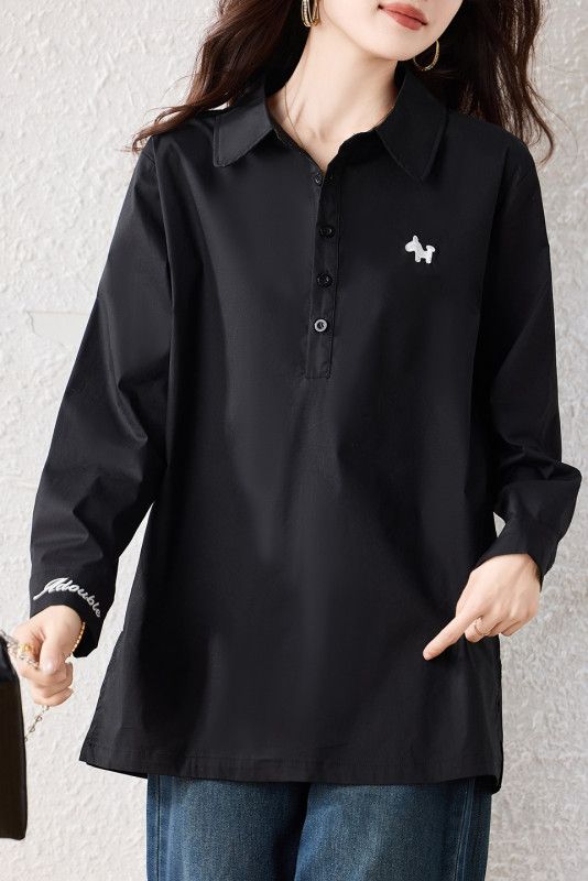 여성 캐주얼 루즈핏 오버핏 반오픈 카라 자수 레터링 롱 셔츠 블라우스 빅사이즈 상의 데일리룩 체형커버 이미지 6