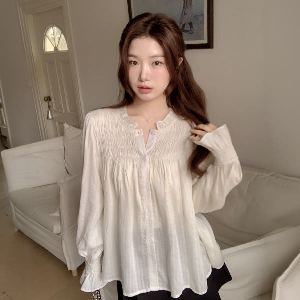 아뜨랑스 프릴 스모크 긴팔 블라우스 bs8629