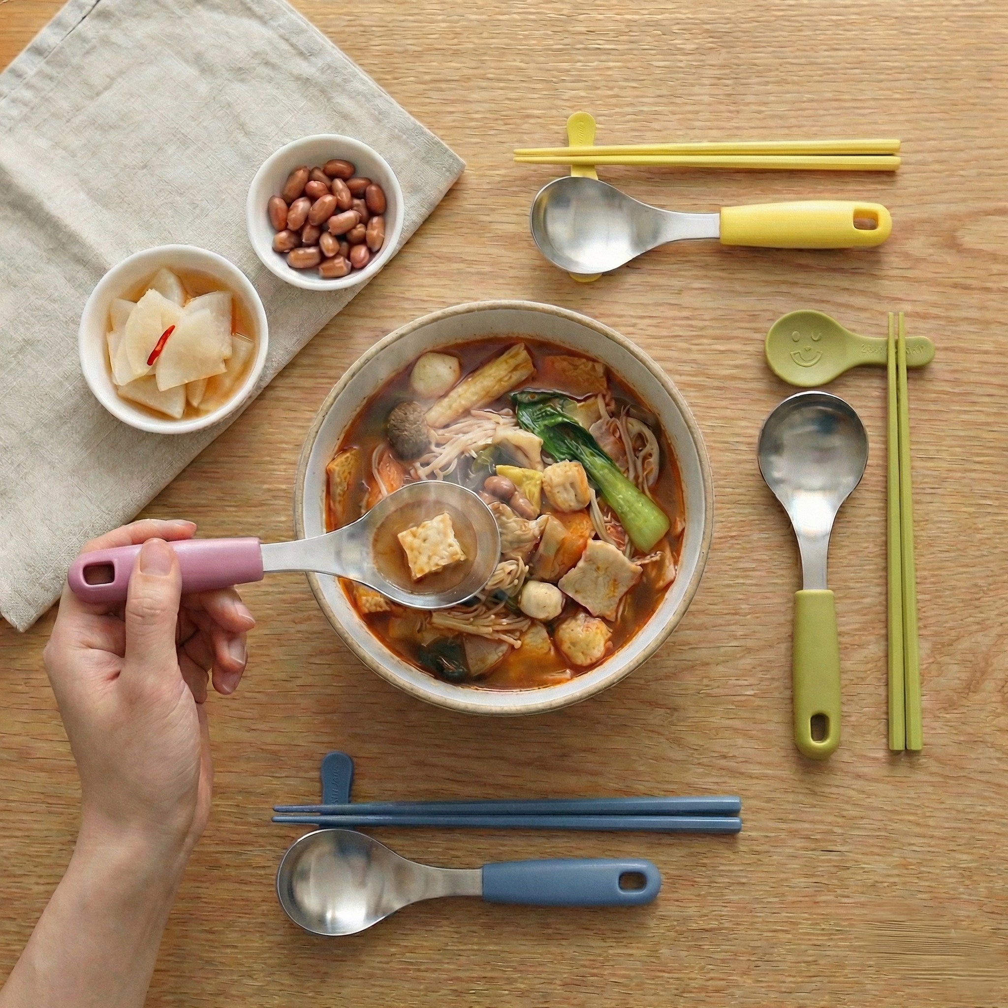 컬러핏 마라탕 라면 수저 세트 4color 미니 우동 국물 서빙 스푼 국자 젓가락 받침 - 상세 이미지 3