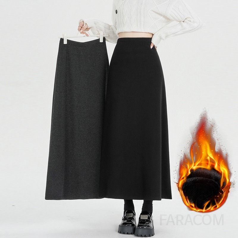 여성 데일리 오피스룩 출근룩 기모 스판 에이라인 밴딩 롱 하이웨이스트 플레어 스커트 치마 심플 모던 베이직 - 상세 이미지 2