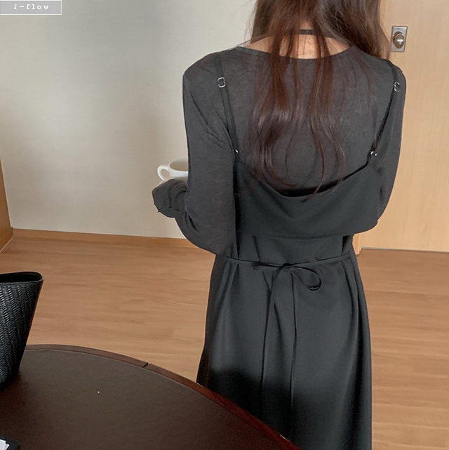 벨츠 홀터넥 끈 A라인 롱 원피스 2col 봄 가을 뷔스티에 허리끈 맥시 하객 제이플로우 - 상세 이미지 5