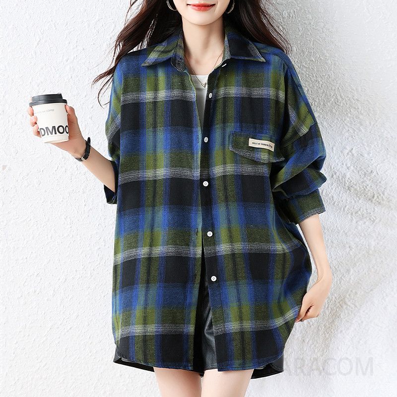 여성 캐주얼 루즈핏 체크 패턴 카라 포켓 롱 셔츠 남방 빅사이즈 데일리 루즈핏 아우터 셔츠 - 상세 이미지 2