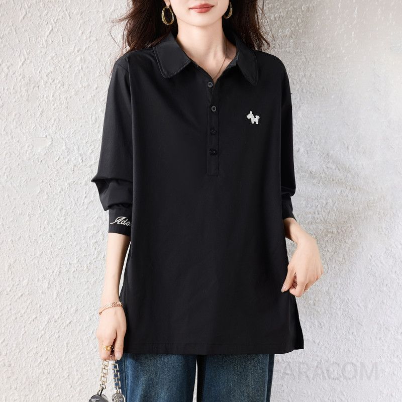 여성 캐주얼 루즈핏 오버핏 반오픈 카라 자수 레터링 롱 셔츠 블라우스 빅사이즈 상의 데일리룩 체형커버 - 상세 이미지 3