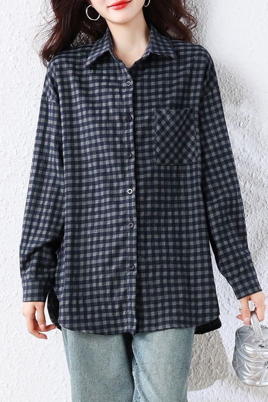 여성 데일리 캐주얼 루즈핏 면혼방 체크 포켓 버튼 빅사이즈 셔츠 남방 아우터형 상의 이미지 6