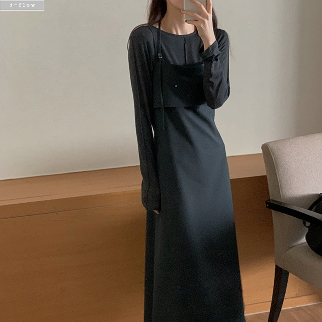 벨츠 홀터넥 끈 A라인 롱 원피스 2col 봄 가을 뷔스티에 허리끈 맥시 하객 제이플로우 이미지 6