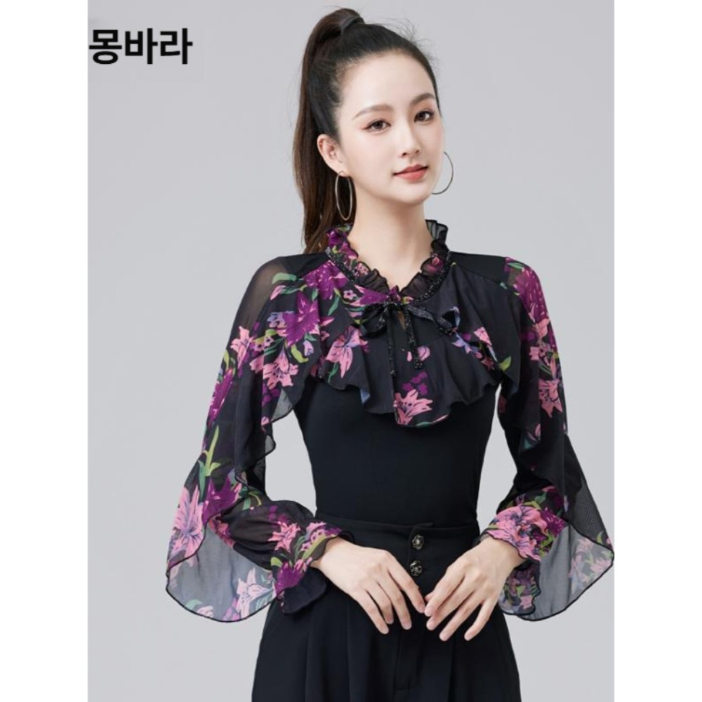 여성 라틴 댄스 긴팔 상의 모던 국표 연습복 공연 의상 퍼플핑크 S - 상품 이미지