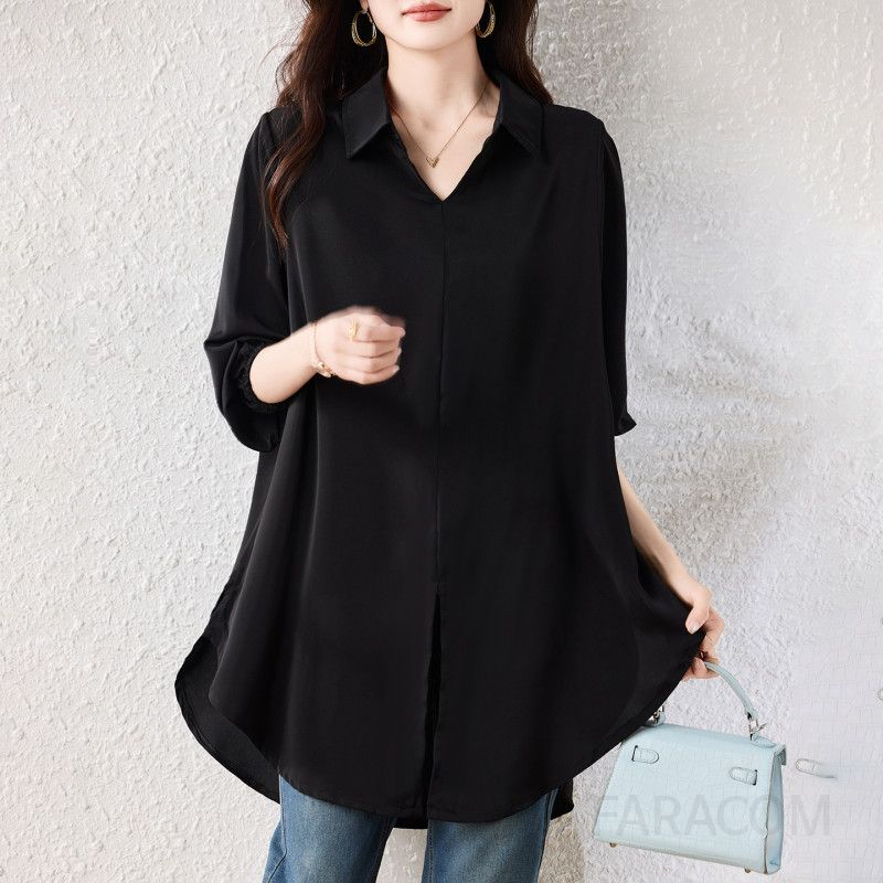 여성 캐주얼 루즈핏 폴리 브이넥 퍼프소매 언발 트임 롱 셔츠 블라우스 빅사이즈 오피스룩 데일리 체형커버 가오리핏 하객룩 - 상세 이미지 3