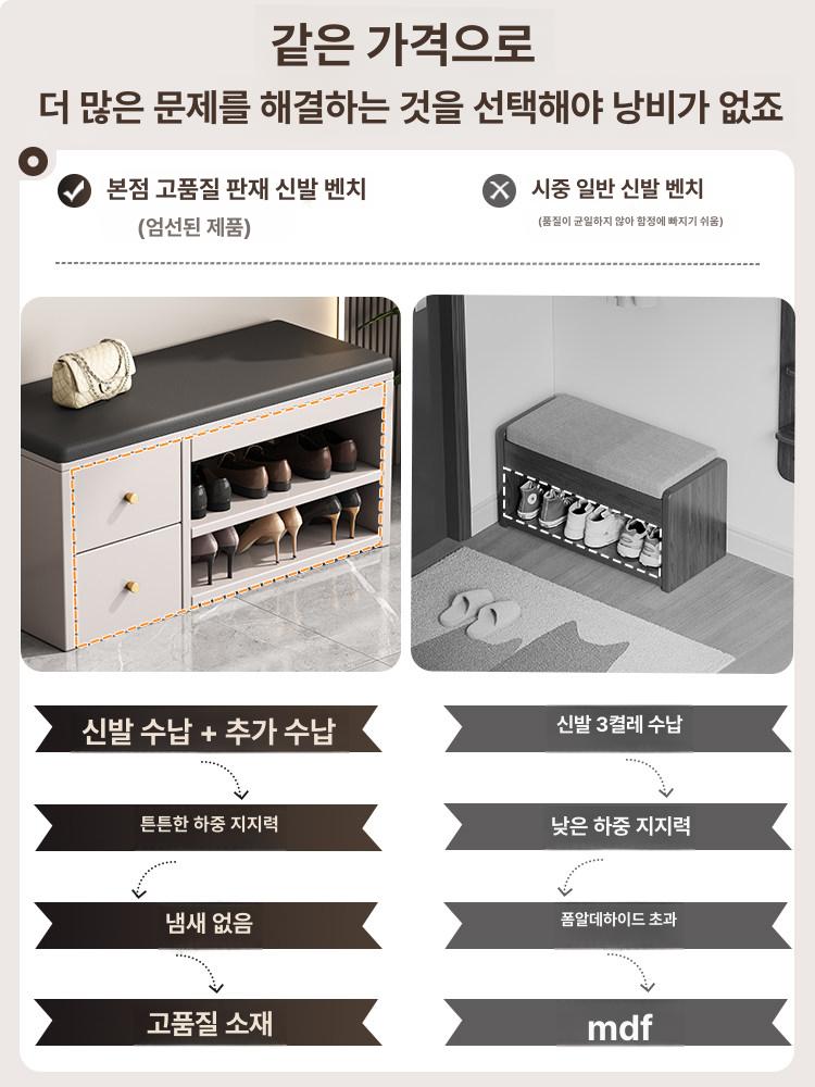 현관 신발장 보관함 수납 정리 의자 낮은 1단 두꺼운형 엘리펀트그레이 80cm 블랙 - 상세 이미지 5