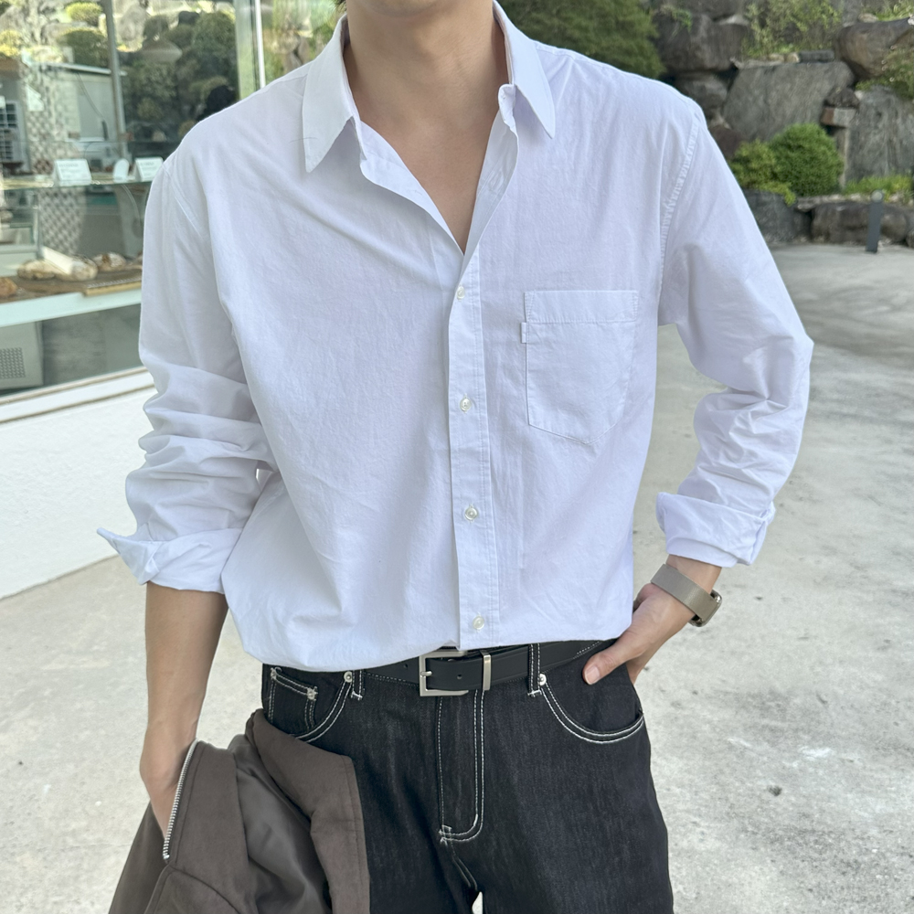 남자 와이셔츠 오버핏 코튼 와이드 카라 정장 남방 남자 셔츠 - 상품 이미지