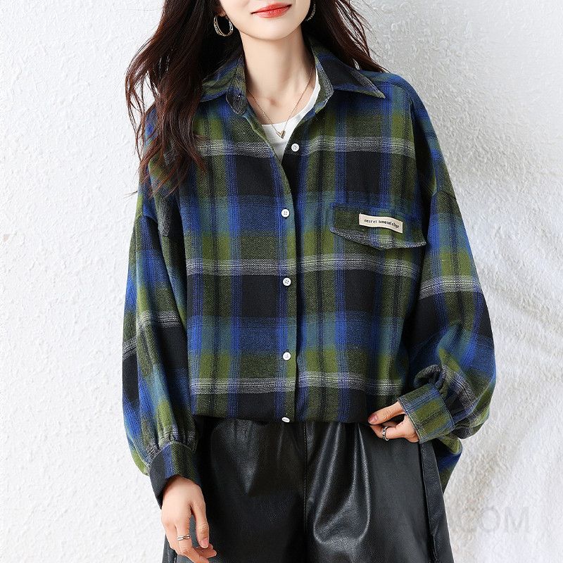 여성 캐주얼 루즈핏 체크 패턴 카라 포켓 롱 셔츠 남방 빅사이즈 데일리 루즈핏 아우터 셔츠 - 상품 이미지