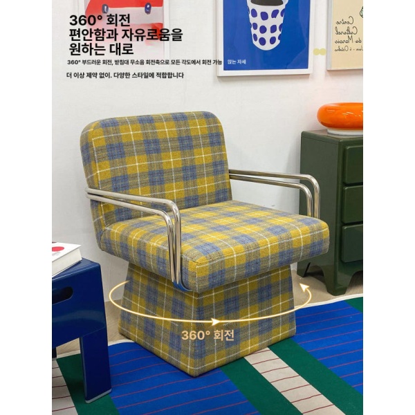 프리미엄 스타일리시 프렌치 벨벳 회전형 레트로 카페 다이닝 옐로우블루 체크-프린트 팔걸이 의자 고정형 옐로우블루 체크-프린트 벨벳 - 상세 이미지 4