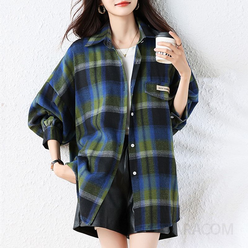 여성 캐주얼 루즈핏 체크 패턴 카라 포켓 롱 셔츠 남방 빅사이즈 데일리 루즈핏 아우터 셔츠 - 상세 이미지 3