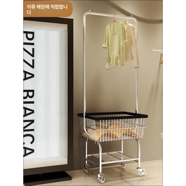 프리미엄 스텐 런드리트롤리 이동식 빨래바구니 행거 바구니 카트 블랙 엣지 - 상세 이미지 3