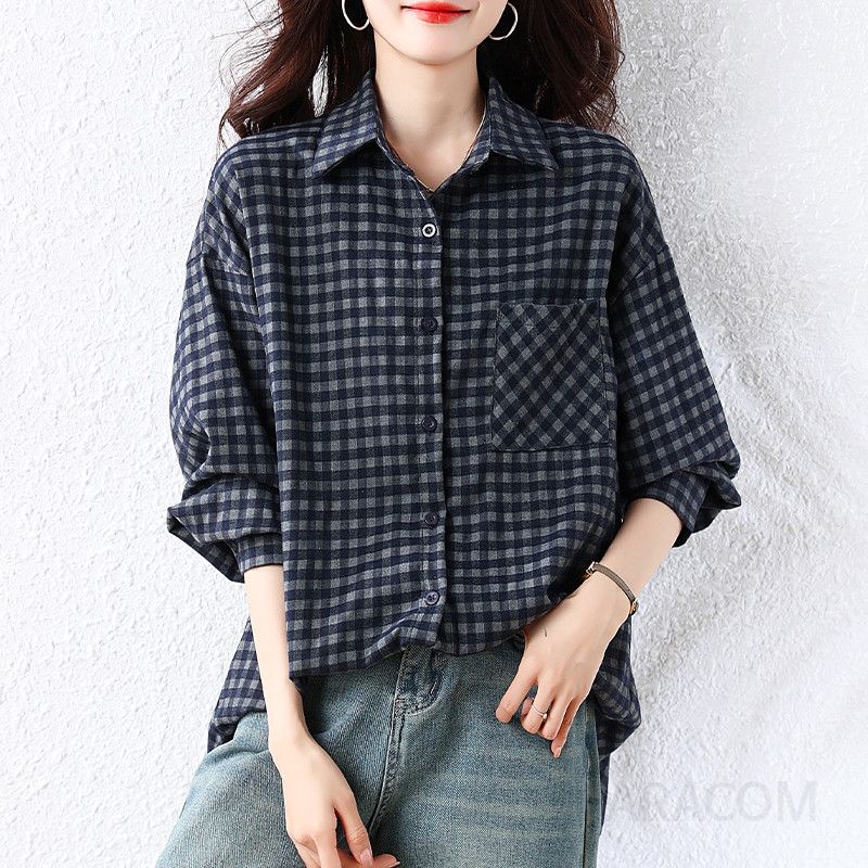 여성 데일리 캐주얼 루즈핏 면혼방 체크 포켓 버튼 빅사이즈 셔츠 남방 아우터형 상의 - 상품 이미지