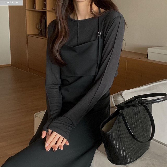 벨츠 홀터넥 끈 A라인 롱 원피스 2col 봄 가을 뷔스티에 허리끈 맥시 하객 제이플로우 - 상품 이미지