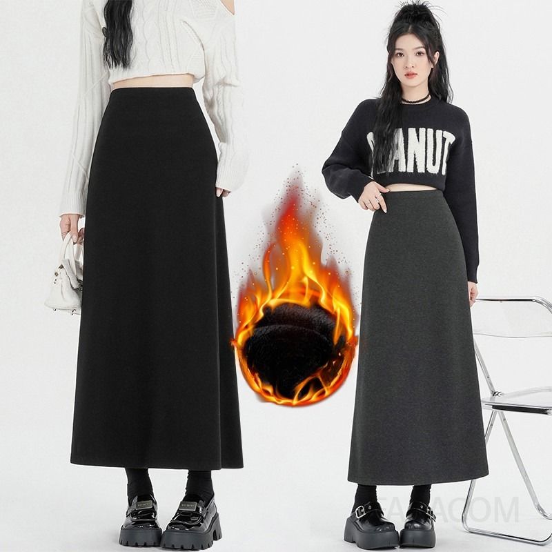 여성 데일리 오피스룩 출근룩 기모 스판 에이라인 밴딩 롱 하이웨이스트 플레어 스커트 치마 심플 모던 베이직 - 상품 이미지