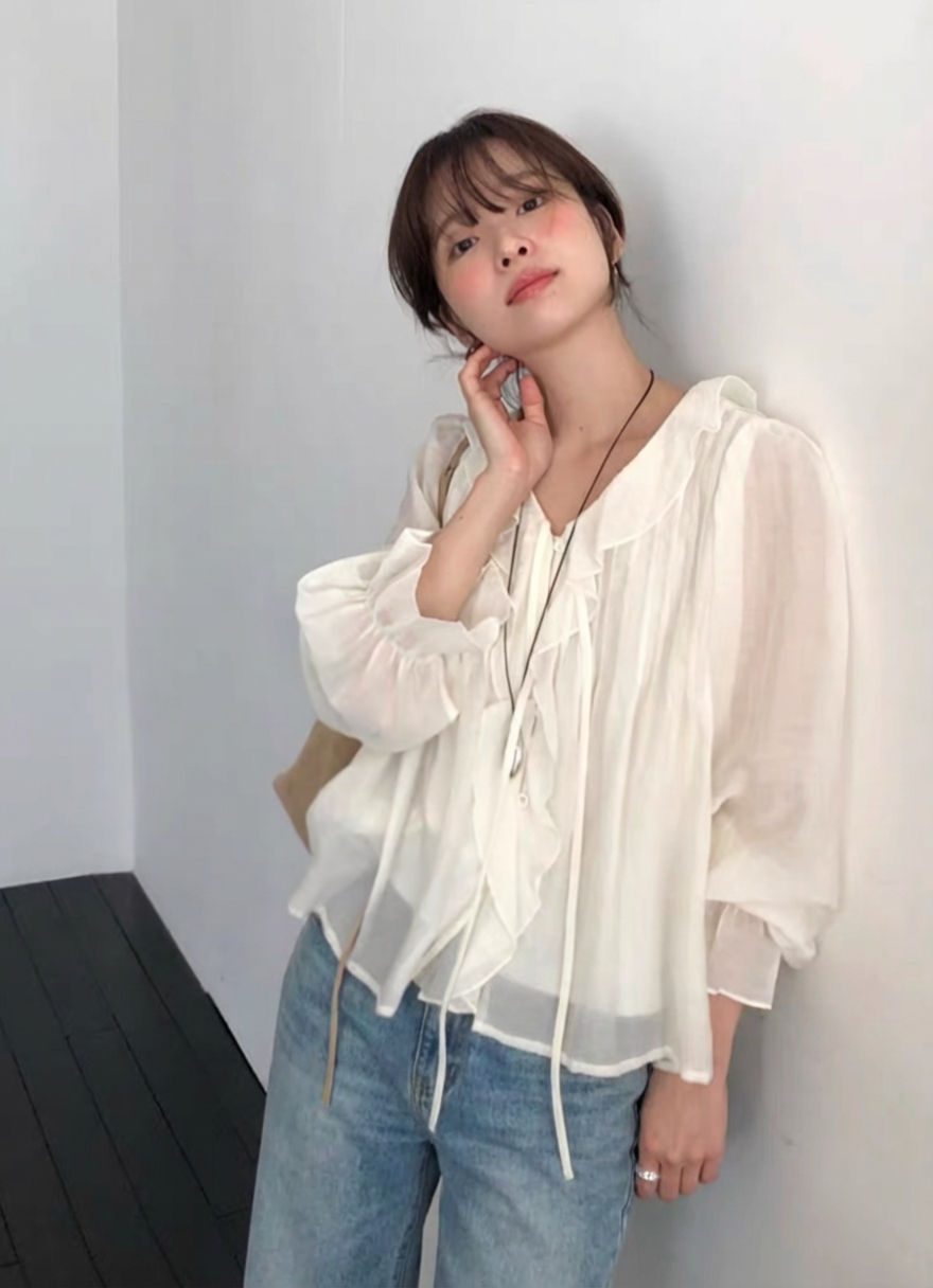 에튼 프릴블라우스 셔링블라우스 레이스 리본 오버핏 면접 러플 시스루 레이어드 셔츠 - 상세 이미지 3