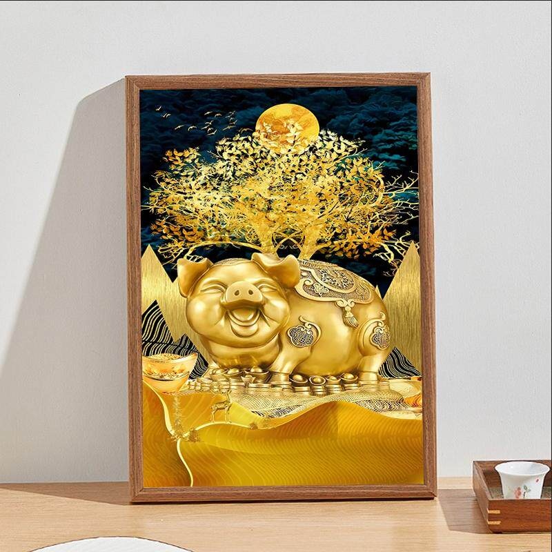 재물 황금 돼지 그림 자작나무 액자 복을 부르는 벽걸이 인테리어 행운 풍수 거실그림 황금돼지 그림 5인치 (10.8x14.6cm) - 상품 이미지