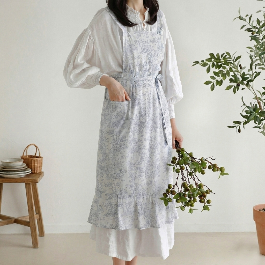 모닝블루 카페 주방 프릴 롱 원피스형 린넨 면 원피스 앞치마 에이프런