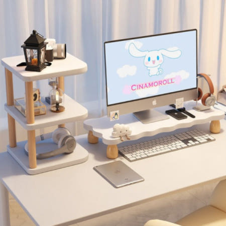 [해외]모니터 선반 2단 컴퓨터 책상 진열대 데스크 인테리어 화이트 이중선반