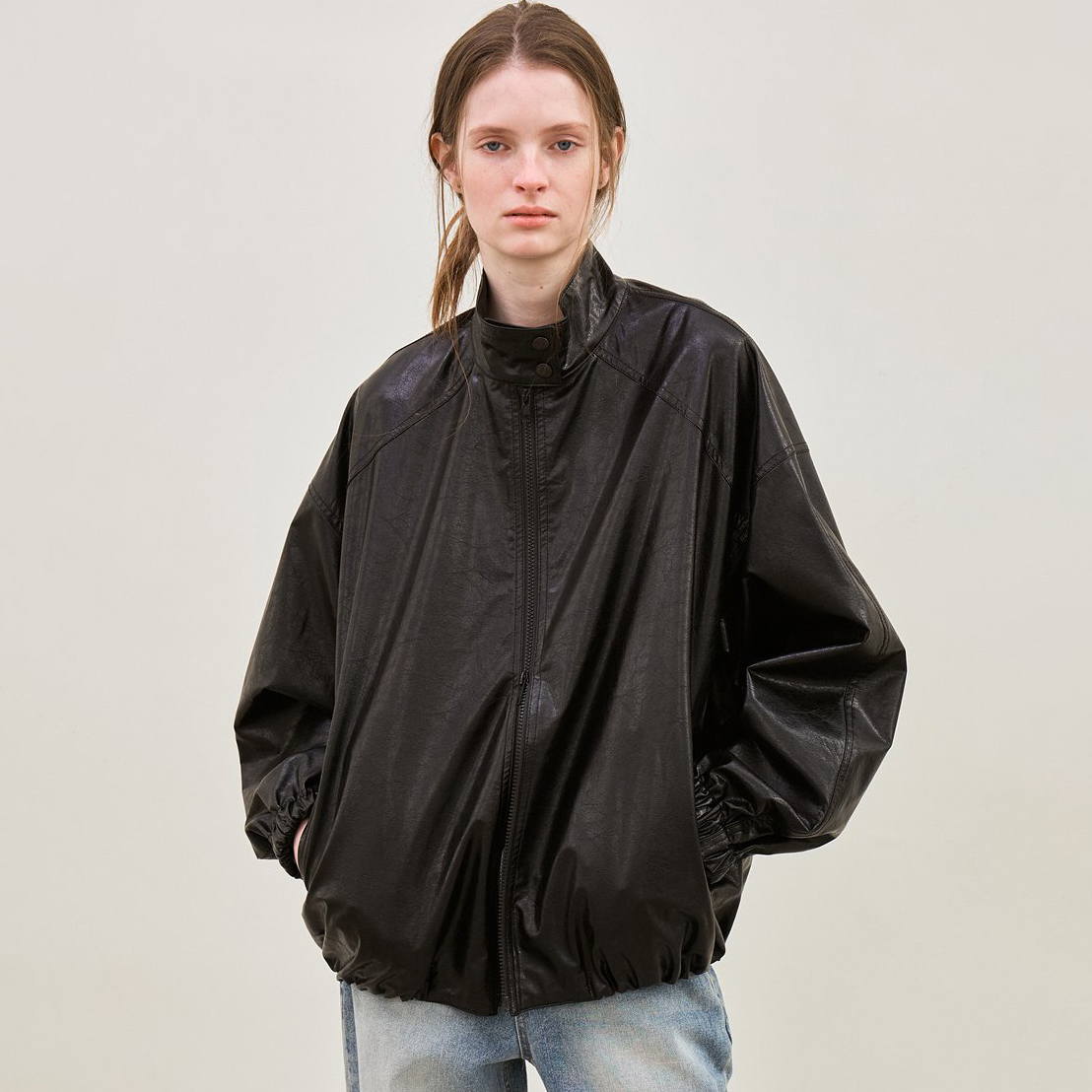 [르] faux leather high-neck jacket (black) - 상품 이미지