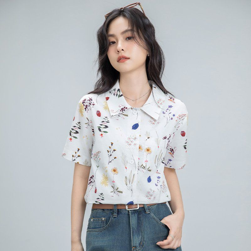 봄 여름 여성 약간 루즈핏 얇은 플라워 패턴 반팔 카라 셔츠 블라우스 데일리룩 아이보리 - 상품 이미지