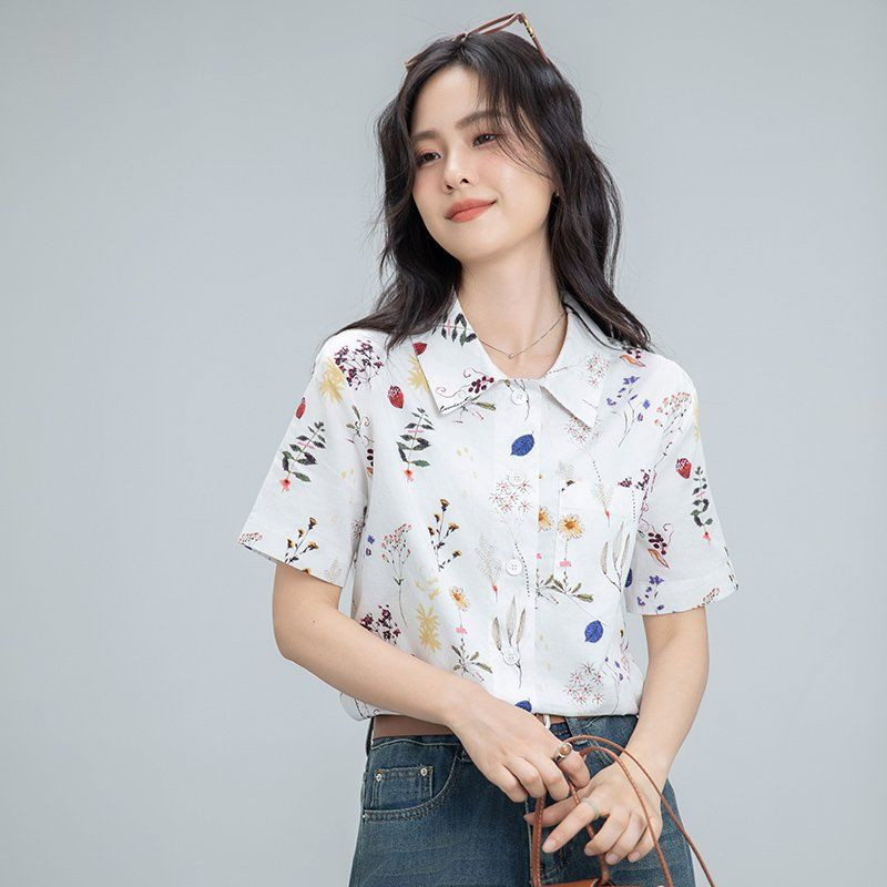 봄 여름 여성 약간 루즈핏 얇은 플라워 패턴 반팔 카라 셔츠 블라우스 데일리룩 아이보리 - 상세 이미지 5