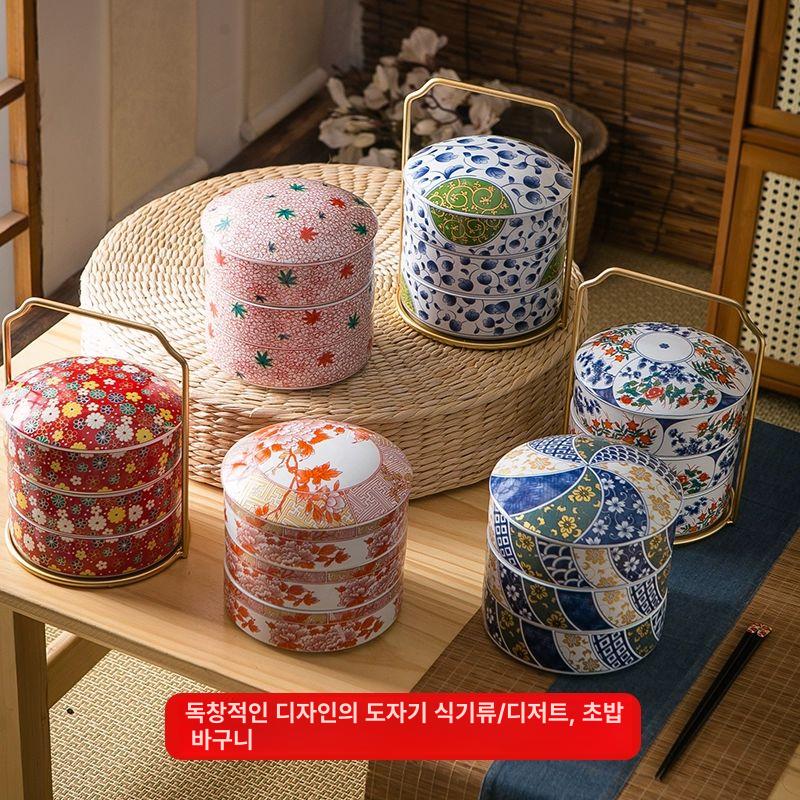 일본식 찬합 도자기 초밥 스시 나눔접시 식당 밥그릇 3칸 철제 프레임 포함 (매화와 국화) - 상세 이미지 2