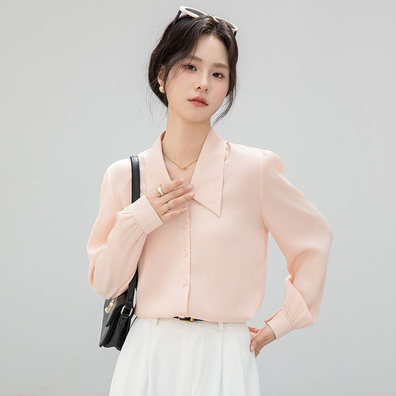 봄 여름 간절기 여성 약간루즈핏 얇은 리본타이 반팔 블라우스 데일리룩 핑크 아이보리 - 상품 이미지
