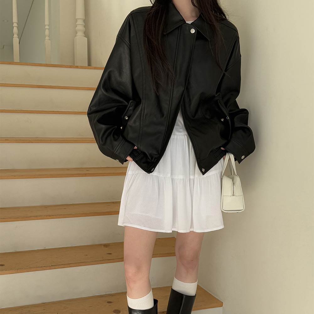 여성 간절기 레더 자켓 카라 오버핏 - 상세 이미지 3