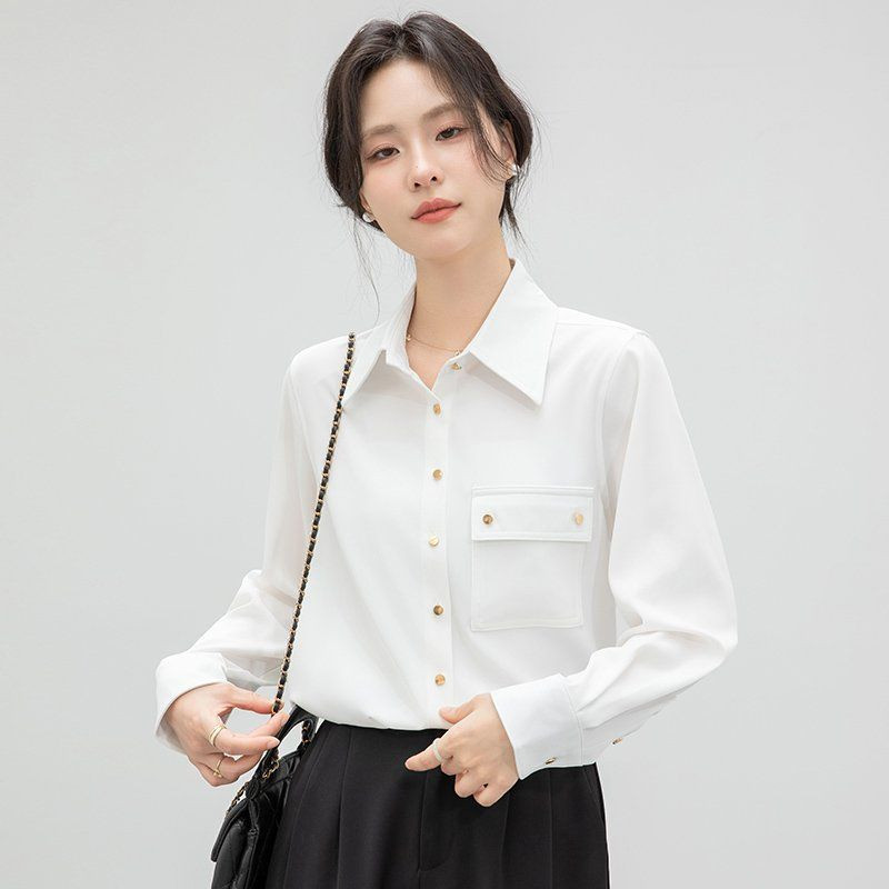 봄 가을 여성 카라 포켓 단추 블라우스 긴팔 셔츠 슬림핏 폴리 데일리 오피스룩 화이트 - 상세 이미지 4
