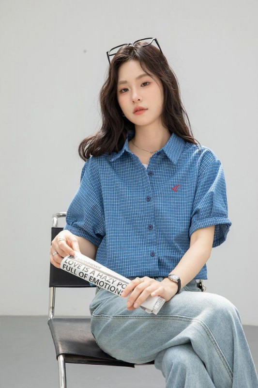 여름 간절기 여성 약간 루즈핏 얇은 체크 반팔 자수 카라 셔츠 데일리 블라우스 블루 이미지 6