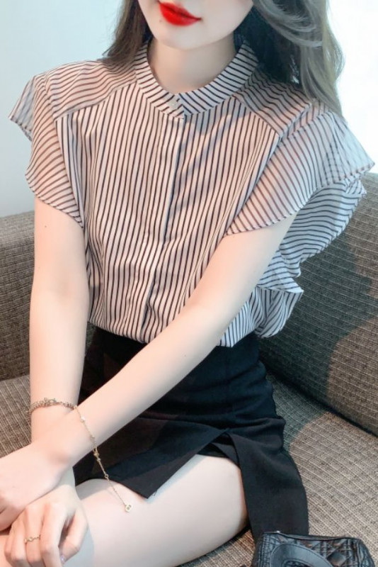 여름 여성 스트라이프 나비소매 반팔 블라우스 차이나넥 오피스룩 상의 - 상세 이미지 4