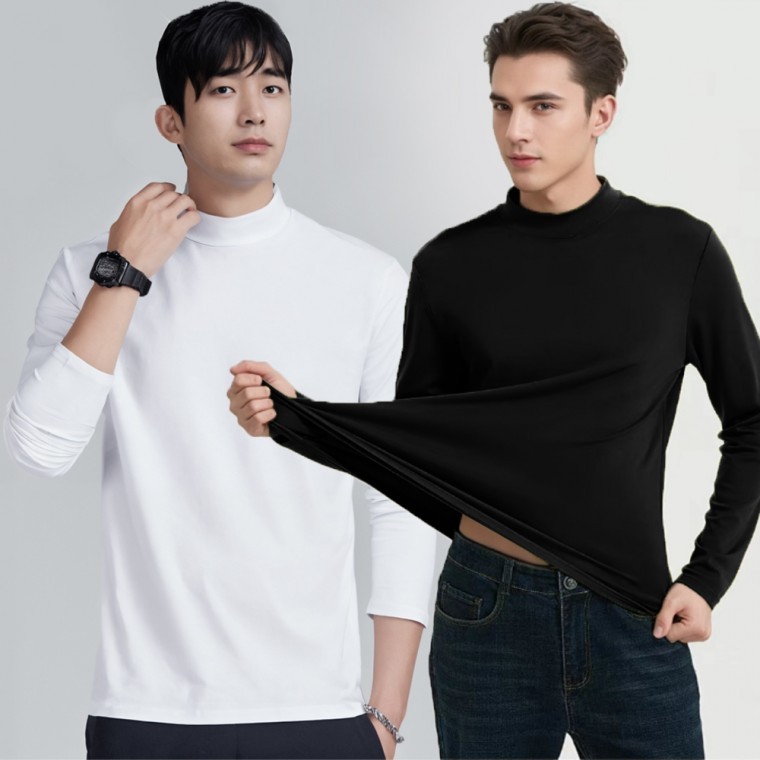 남자 가을 겨울 스판 반목티 무지 얇은 폴라티 레이어드티 반폴라 긴팔면티 - 상품 이미지