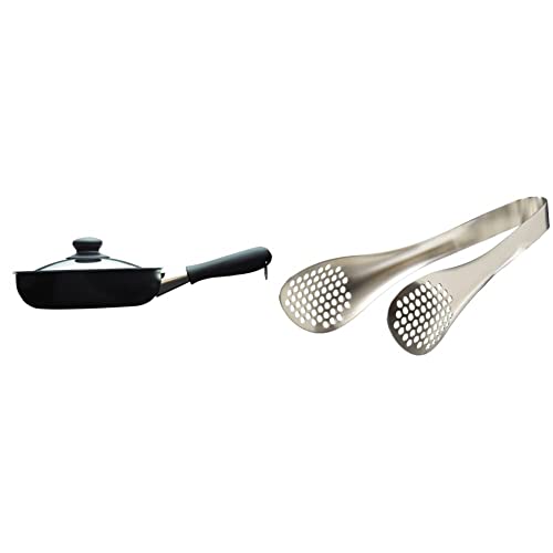 야나기소리 일본제 마그마 플레이트 철 프라이팬 22cm IH 대응 뚜껑 포함 & 일본제 스테인리스 집게 타공형 전장 22cm 세트