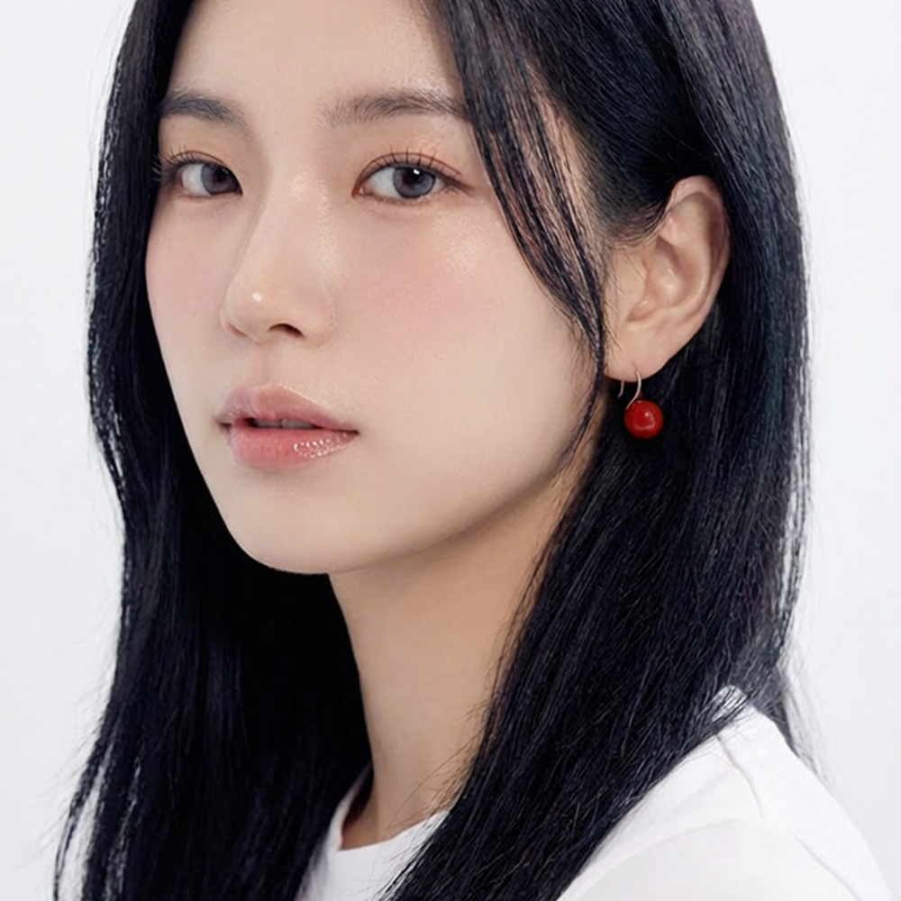 빨강 귀걸이 고리 레드 산호 핵진주 구슬 후크 드롭 이어링 - 상세 이미지 2